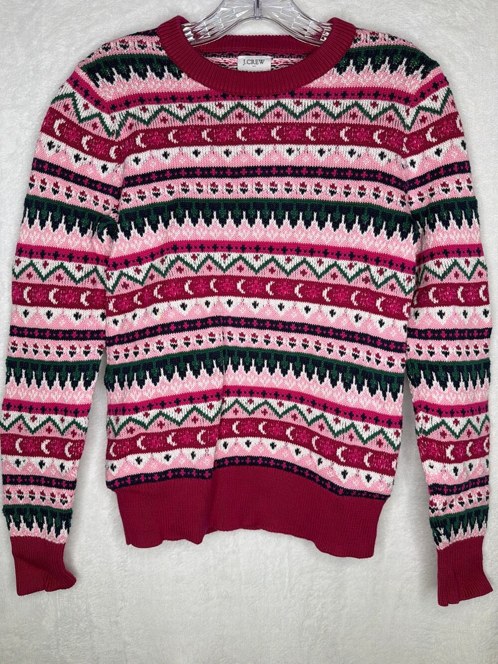 J.Crew Fair Isle Crew Neck Sweater XS Pink Blue White Green Celestial Sun Moon